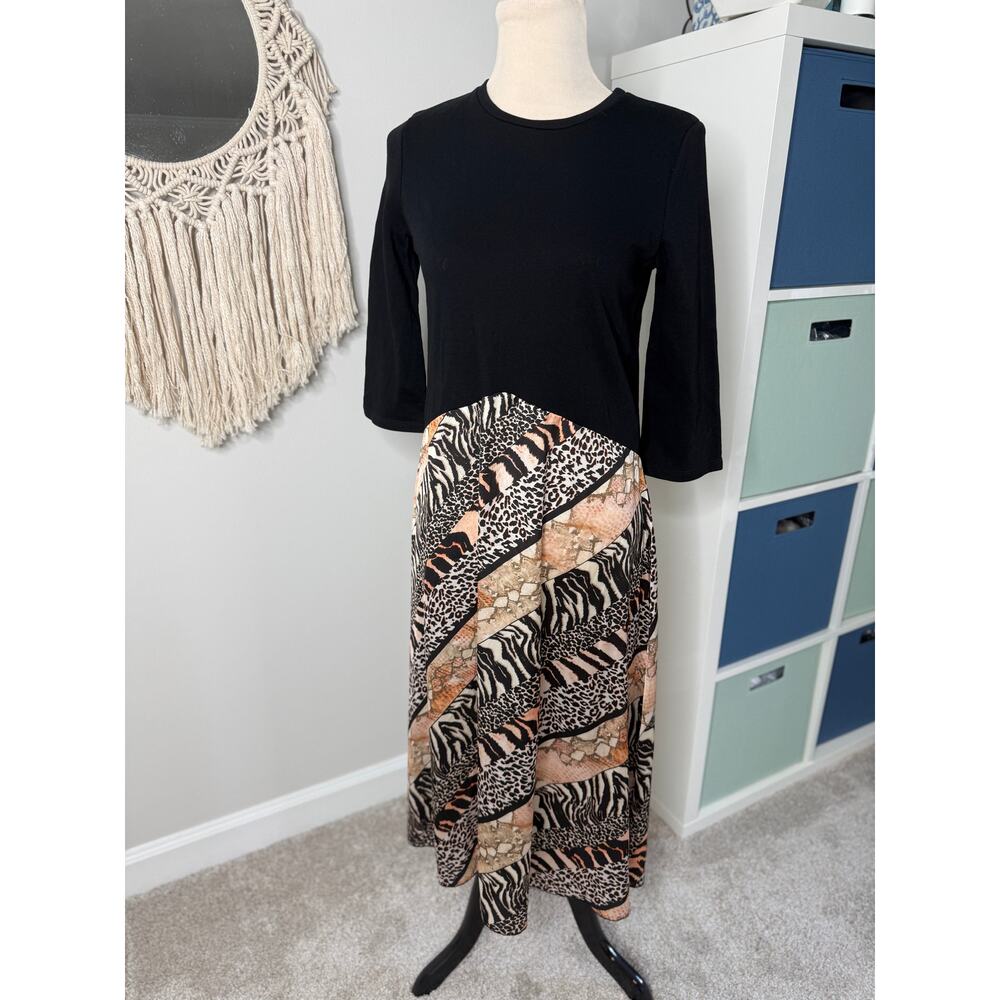 Zara Black 3/4 Sleeve Mixed Media Satin Animal Print Midi Skirt Dress Small